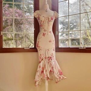 90s Arden B butterfly/floral print ruched ruffle fairy midi dress